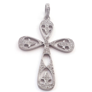 1 Pc Antique Finish Pave Diamond Designer Cross Pendant - 925 Sterling Silver- Necklace Pendant 54mmx37mm PD1449