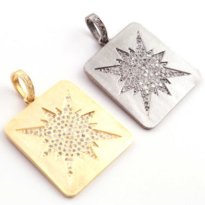 1 PC Genuine Pave Diamond Square Center In Star Pendant Over 925 Sterling Silver / Yellow Gold 33mmx29mm PD1833
