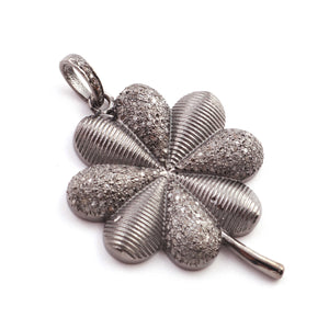 1 Pc Antique Finish Pave Diamond Designer Clover Leaf Pendant - 925 Sterling Silver- Necklace Pendant 46mmx35mm PD1336