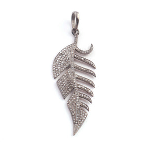 1 Pc Antique Finish Pave Diamond Feather Pendant - 925 Sterling Silver-Diamond Pendant- Necklace Pendant 50mmx18mm PD1759