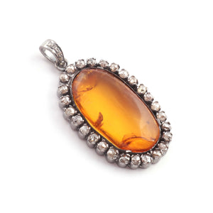 1 Pc Pave Diamond Amber Oval Pendant Over 925 Sterling Silver - Gemstone Pendant 36mmx21mm PD1899