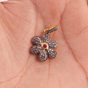 1 Pc Pave Diamond Flower Charm with Pink Hydro Stone Pendant - 925 Sterling Vermeil - Pave Diamond Pendant -20mmx18mm PD1637