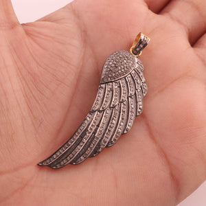 1 Pc Pave Diamond Feather 925 Sterling Vermeil - Wing Charm Pendant 51mmx16mm PD846