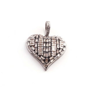 1 Pc Genuine Pave Diamond With Baguette Diamond Heart Pendant - 925 Sterling Silver - Heart Pendant 27mmx28mm PD630