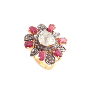 1 PC Beautiful Pave Diamond With Ruby Center in Rose Cut Diamond Ring  - Sterling Vermeil - Designer Polki Ring Size-8.5 RD011