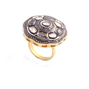 1 PC Pave Diamond Blue Sapphire With Rose Cut Diamond Ring - 925 Sterling Vermeil - Polki Ring Size-8 Rd042