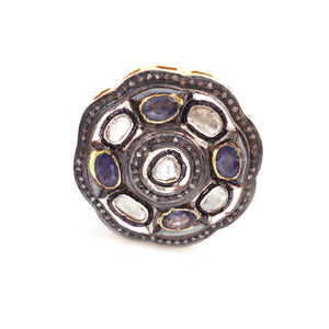 1 PC Pave Diamond Blue Sapphire With Rose Cut Diamond Ring - 925 Sterling Vermeil - Polki Ring Size-8 Rd042