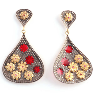 1 Pair Pave Diamond Designer Earring - Diamond Dangle Flower Earrings - 925 Sterling Silver 39x29mm-17x12mm ED171