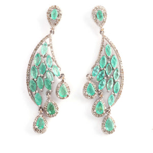 1 Pair  Pave Diamond with Emerald Designer Leaf Long Earrings - 925 Sterling Silver - 48mmx18mm-12mmx7mm ED170
