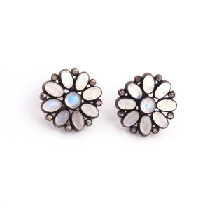 1 Pair Pave Diamond Genuine Rainbow Moonstone Studs With Back Stoppers - 925 Sterling Silver 17mm ED169