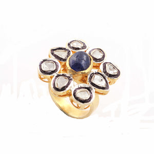 1 PC Pave Diamond with Rose Cut Diamond Center in Tanzanite Ring  - 925 Sterling Vermeil- Polki Ring Size-7 Rd325