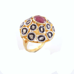 1 PC Pave Diamond with Rose Cut Diamond Center in Ruby Ring  - 925 Sterling Vermeil- Polki Ring Size-8.5 Rd327
