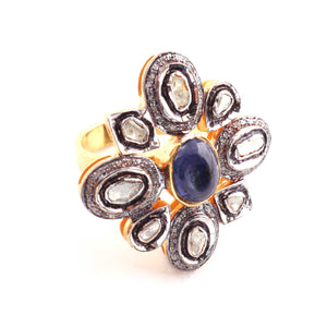 1 PC Beautiful Pave Diamond with Rose Cut Diamond Center in Tanzanite Ring  - 925 Sterling Vermeil- Polki Ring Size-8 Rd332