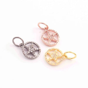 1 PC Pave Diamond Round With Star Charm 925 Sterling Silver, Yellow & Rose Gold Vermeil - Pave Diamond Pendant - 11mmx14mm PD1618