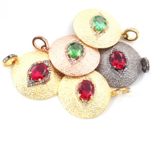 1 Pc Pave Diamond Ruby / Emerald Gemstone Pendant - 925 Sterling Vermeil -Necklace Pendant 24mmx21mmPD1783
