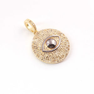 1 Pc Pave Diamond Evil Eye with Round Charm Pendant - 925 Sterling Silver & Yellow Gold Vermeil-Evil Eye with Round Pendant 22mmx20mm PD1744