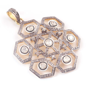1 Pc Pave Diamond With Rose Cut Diamond Hexagon Pendant -925 Sterling Vermeil - Polki Pendant 44mmx39mm PD015