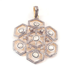 1 Pc Pave Diamond With Rose Cut Diamond Hexagon Pendant -925 Sterling Vermeil - Polki Pendant 44mmx39mm PD015