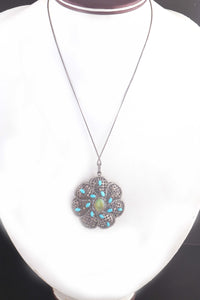 1 Pc Pave Diamond Turquoise Pendant Center In Opal - 925 Sterling Silver- Necklace Pendant 52mmx48mm PD415