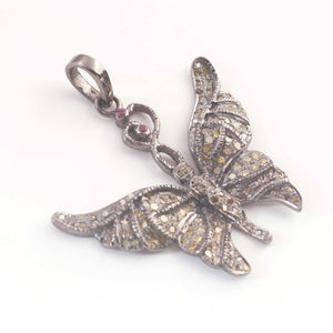 1 Pc Yellow Diamond With Pink Sapphire Butterfly Pendant- 925 Sterling Silver-33mmx36mm PD174
