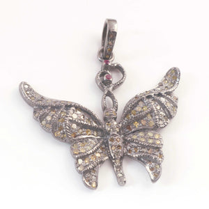 1 Pc Yellow Diamond With Pink Sapphire Butterfly Pendant- 925 Sterling Silver-33mmx36mm PD174