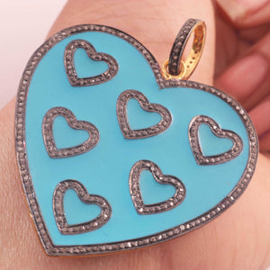 1 Pc Pave Diamond Bakelite Turquoise & Gold Heart Pendant Over 925 Sterling SIlver -Vermeil - Enamel Pendant 50mmx49mm PD325