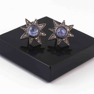 1 Pair Pave Diamond With Tanzanite Star Stud Earrings With Back Stoppers - 925 Sterling Silver 15mm RRED030