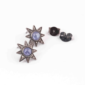 1 Pair Pave Diamond With Tanzanite Star Stud Earrings With Back Stoppers - 925 Sterling Silver 15mm RRED030