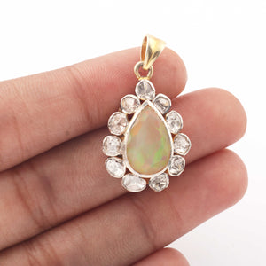 1 Pc Rose cut Diamond Ethiopian Opal / Emerald Gemstone Pendant - 925 Sterling Vermeil -Necklace Pendant PD1721