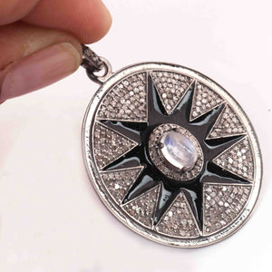 1 Pc Pave Diamond With Moonstone Bakelite Oval Charm Pendant Over 925 Sterling Silver  - 38mmx30mm RRPD068