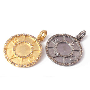 1 PC  Antique Finish Pave Diamond Designer Round With Love Pendant - 925 Sterling Silver- Yellow Gold -Diamond Pendant 28mmx23mm PD1972