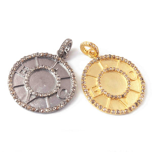 1 PC  Antique Finish Pave Diamond Designer Round With Love Pendant - 925 Sterling Silver- Yellow Gold -Diamond Pendant 28mmx23mm PD1972