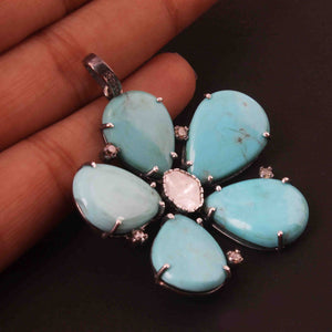 1 Pc Pave Diamond Turquoise With Rose Cut Flower Pendant Over 925 Sterling Silver -Necklace Pendant 66mmx51mm PD1980