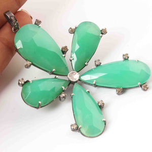1 Pc Pave Diamond Chrysoprase With Rose Cut Flower Pendant Over 925 Sterling Silver -Necklace Pendant 64mmx50mm PD1988