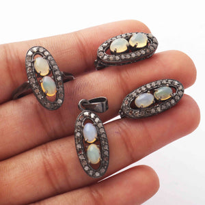 Beautiful Pave Diamond With Ethiopian Oval Jewelry Set - Genuine Ethiopian Pendant-Stud Earrings-Ring- 925 Sterling Silver PD1787
