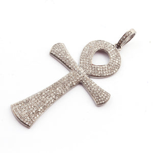 1 Pc Antique Finish Pave Diamond Designer Ankh Shape Pendant - 925 Sterling Silver- Necklace Pendant 58mmx33mm PD1769