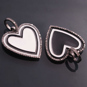 1 Pc Pave Diamond Pendant, 925 Sterling Silver , Black Bakelite Heart Charm, Enamel Heart Pendant 33mmx25mm PD1890