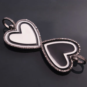 1 Pc Pave Diamond Pendant, 925 Sterling Silver , Black Bakelite Heart Charm, Enamel Heart Pendant 33mmx25mm PD1890
