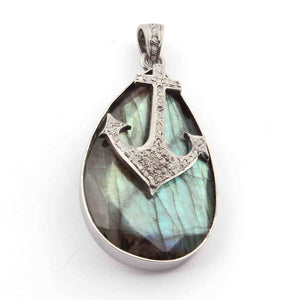 1 Pc Pave Diamond Labradorite With Arrow Charm Pendant Over 925 Sterling Silver - Pear Shape Pendant 38mmx21mm PD1645