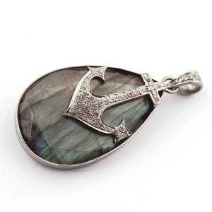 1 Pc Pave Diamond Labradorite With Arrow Charm Pendant Over 925 Sterling Silver - Pear Shape Pendant 38mmx21mm PD1645