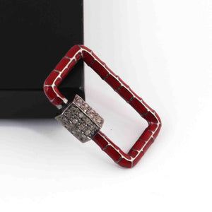 1 Pc Pave Diamond Rectangle Red Enemel Carabiner- 925 Sterling Silver- Diamond Lock with Screw On Mechanism 21mmx14mm CB113