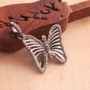 1 Pc  Pave Diamond Butterfly Pendant - 925 Sterling Silver -Diamond Pendant 22mmx21mm PD1810
