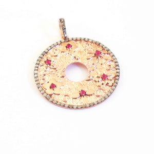 1 Pc Antique Finish Pave Diamond Round Designer Pendant -Rose Gold Vermeil -Necklace Pendant 37mmx34mm PD767