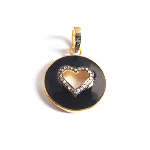 1 Pc Pave Diamond Pendant, 925 Sterling Vermeil Pendant, Black Bakelite Heart Charm, Enamel Heart Pendant 28mmx20mm PD1046