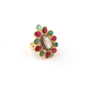 1 PC Beautiful Pave Diamond with Ruby, Emerald Center in Rose Cut Diamond Ring  - 925 Sterling Vermeil - Designer Polki Ring Size-8 RD090