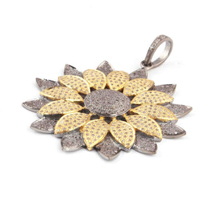 1 Pc Antique Finish Pave Diamond Designer Flower Pendant - 925 Sterling Silver- Necklace Two Tone Pendant 47mmx43mm PD1423