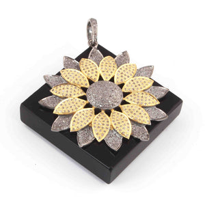 1 Pc Antique Finish Pave Diamond Designer Flower Pendant - 925 Sterling Silver- Necklace Two Tone Pendant 47mmx43mm PD1423