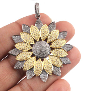 1 Pc Antique Finish Pave Diamond Designer Flower Pendant - 925 Sterling Silver- Necklace Two Tone Pendant 47mmx43mm PD1423