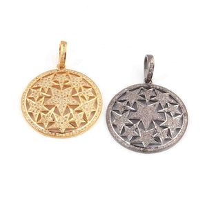 1 Pc Pave Diamond Round With Star Pendant Over 925 Sterling Silver - Yellow Gold -Round Star Pendant 33mmx30mm PD1679