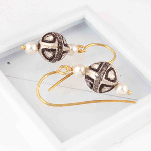 1 Pair Pave Diamond With Rose Cut Diamond Pearl Hoop Earrings - 925 Sterling Vermeil - Polki Earrings 23mmx10mm ED644